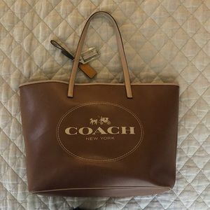 Large Coach leather tote, saddle brown, 18"x12"